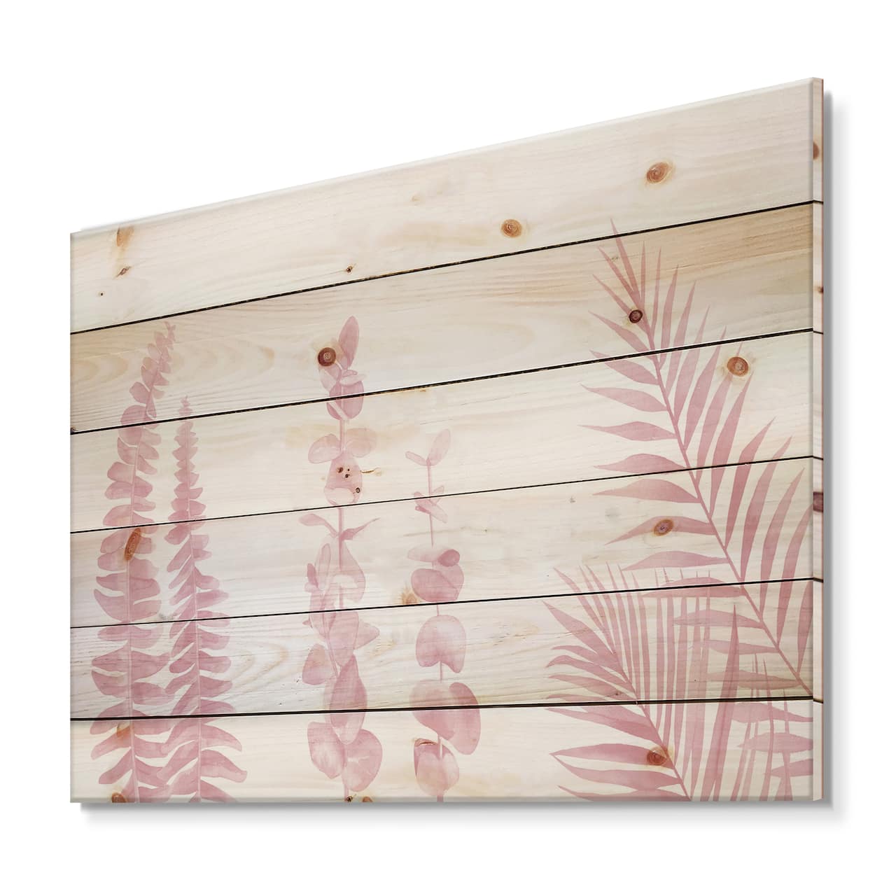 Designart - Blush Pinkeucalyptus and Palm Branches - Shabby Chic Print on Natural Pine Wood